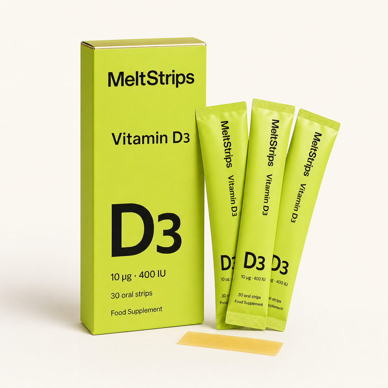 Vitamin D3 Oral Strips proposed MeltStrips packaging with individually wrapped oral strips